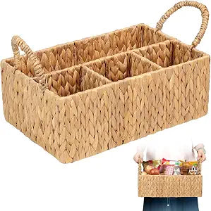 Divided Baskets with Handles, Storage Basket Natural for Organizing Bathroom Kitchen Shelves Office Supplies Organization, Wicker Storage Baskets 4 Section (1, Light Brown)