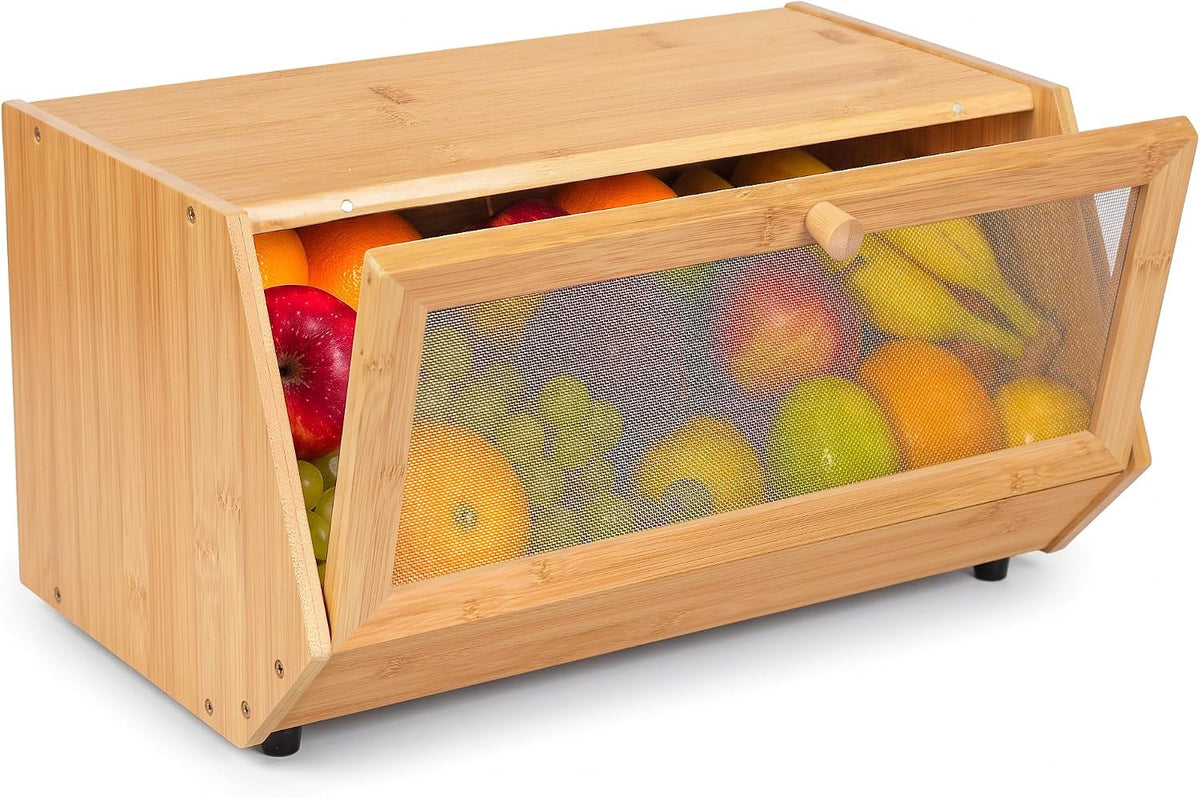 Fruit Fly Resistant Bamboo Fruit Basket with Lid & Mesh for Kitchen Counter