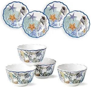 Blue Lagoon 8-Piece Coastal Canap Plate & Dip Bowl Set  Ocean-Inspired Melamine Serveware for Appetizers, Snacks, Dips & Desserts  Shatterproof, Chip-Resistant, Perfect for Beachside Dining