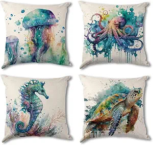 Coastal Pillow Covers 18x18 Set of 4, Ocean Animal Throw Pillow Covers Nautical Beach Home Decor Watercolor Sea Turtle Seahorse Jellyfish Octopus Cushion Cases Sofa Outdoor Patio Furniture Decorative