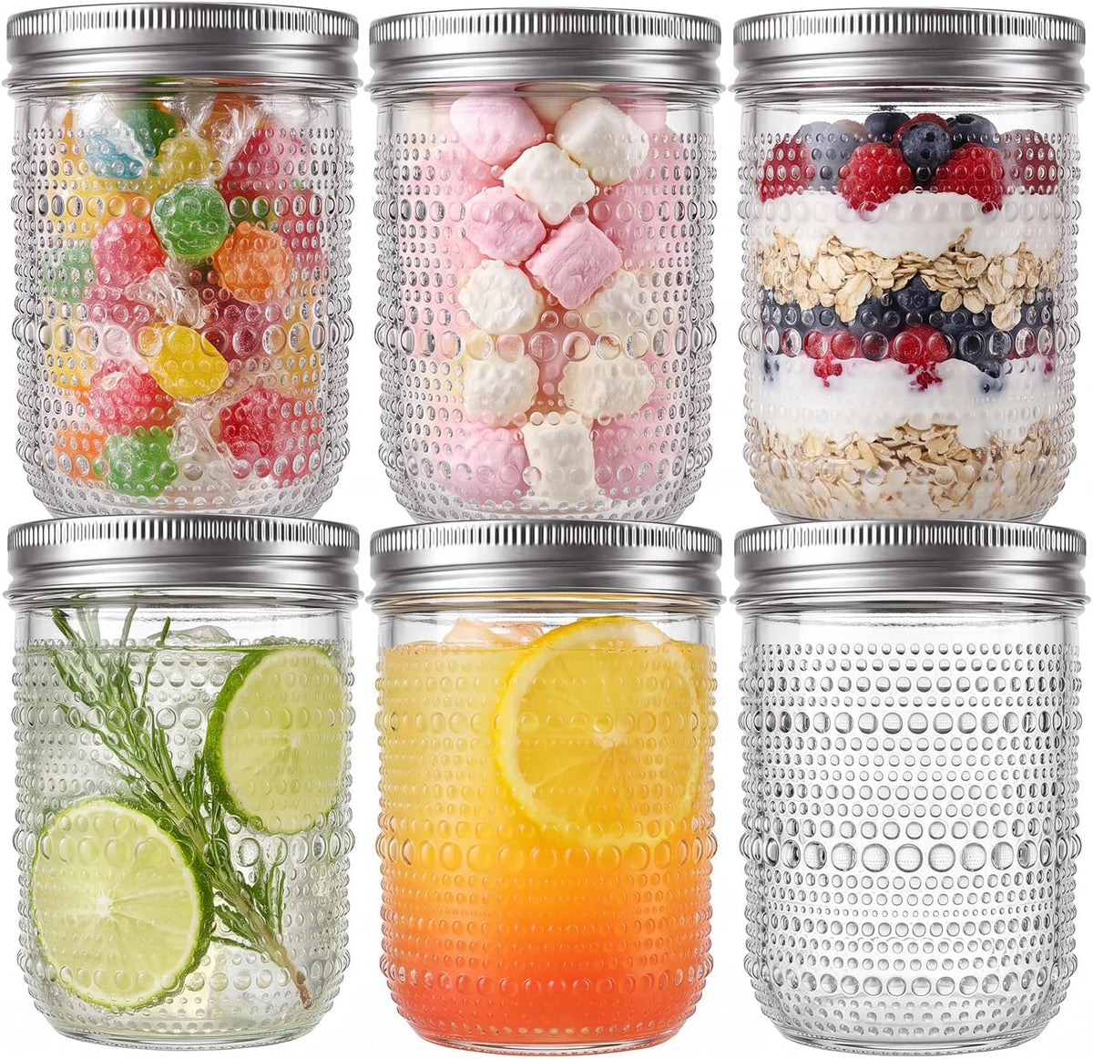 WELLIFE 6-Pack 16 oz Mason Jars with Lids - Wide Mouth Textured Glass Jars, Airtight Leak-Proof Canning Jars for Food Storage, Pickling, Fermenting, Freezing & Crafts