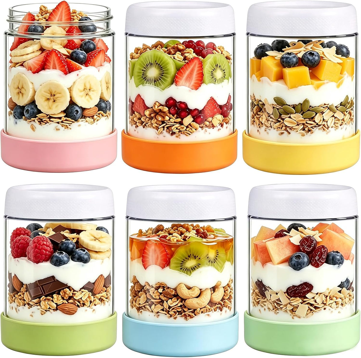 JohnBee Mason Jars, 6-Pack 16oz Glass Overnight Oats Containers with Lids