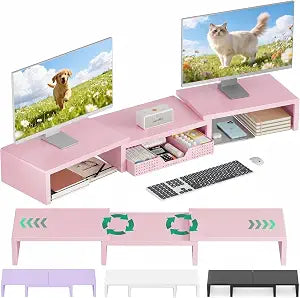 OPNICE Dual Computer Monitor Stand Riser, Desk Organizer with Drawer, Office Desk Accessories & Workspace Organizers for Home Office Supplies, Pink