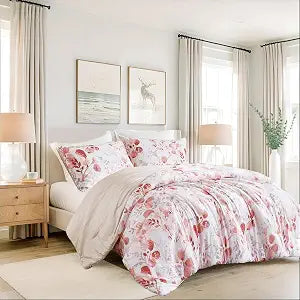 Lightweight Seersucker Botanical Comforter Set Queen Size, 3 Pieces Reversible Design with Striped Print, Premium Microfiber Bedding Set, Comforter and Sham Set, Pink