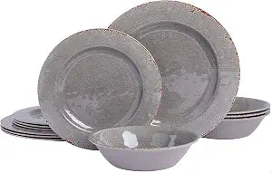 Gibson Home Mauna Melamine Plastic Dinnerware Set, Service for 4 (12pcs), Grey Rustic