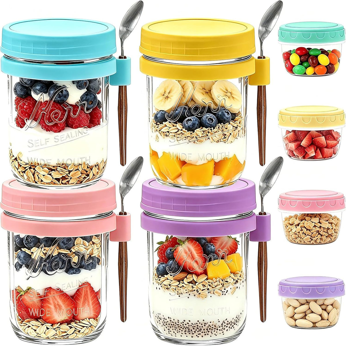 Mason Jars, 16 oz Overnight Oats Containers with Lids, Spoons & 2.7 oz Jars