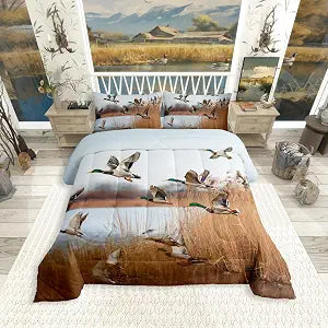 Erosebridal Duck Hunting Bedding Full Size,Mallard Duck Comforter Set Lodge Room Decor for Men Women Adults,Flying Duck Wildlife Quilt Rustic Cabin Farmhouse Style Down Comforter with 2 Pillowcases