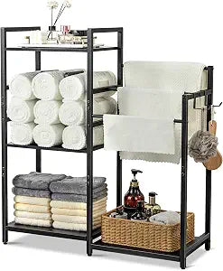 Towel Rack for Bathroom, 3-Tier Towel Drying Rack Stand, Freestanding Towel Organizer Holder, Bathroom Organizers and Storage for Rolled Folded Drying Towels, Black