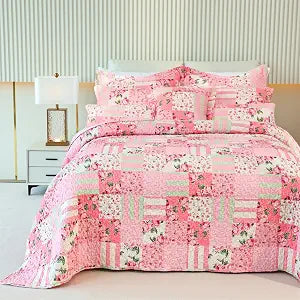 Cmfshape Floral Bedspread with 2 Pillow Shams-Queen Size,Patchwork Pink Quilt Set 3 Piece,Summer Quilt for Girls Women,Lightweight Reversible Bed Coverlet for All Seasons(Queen92 x96 Pink)