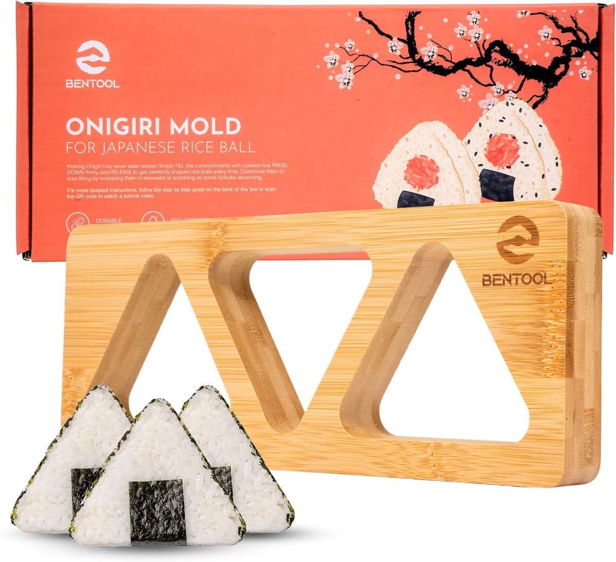 Onigiri Mold Set for Japanese Gift - Bamboo Medium Rice Ball Mold Kit for a DIY Bento Picnic - Wooden Rice Molds for Kids' and Family Lunch/Snack