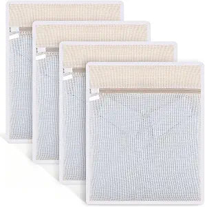 Dntorx 4 Pack Durable Cotton Mesh Laundry Bags for Delicates - 1216inch Laundry Bags Mesh Wash Bags with Sturdy Zipper for Underwear Bras Socks Clothes Storage Natural Cotton Washing Machine Safe