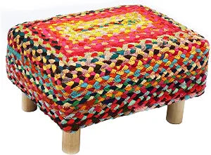 COTTON CRAFT Multi Chindi Footrest - Braided Cotton Rag Rug Foot Stool