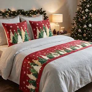 AVOIN colorlife Christmas Trees Red Bed Runner Set with 2 Pillow Cover,King