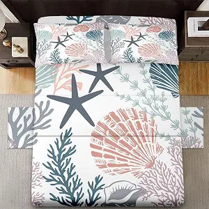 WeCozy Queen Bed Sheet Set, 4 Pieces Coastal Ocean Bedding with Flat