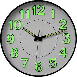 Clockswise 12-in Glow-in-the-Dark Decorative Wall Clock, Non-Ticking Battery Powered - Ideal for Living Room, Kitchen, Office, Bedroom, Hallway, Study, Classroom, Patio, Entryway or Dining Room, Black