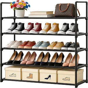 5 Tier Shoe Rack Large Capacity, 34.3" Wide Adjustable Shoe Organizer for 20-25 Pairs, Sturdy Non-Woven Shoe Rack Shelf Multi-Purpose Storage Unit for Closet, Hallway, Entryway,Garage,Black