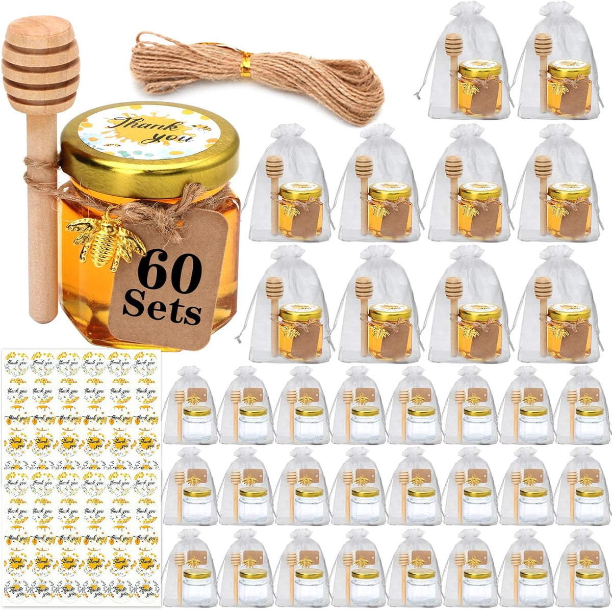 XING-RUIYANG 60 pack 1.5 oz Mini Honey Jarsï¼Œbaby shower favors,There's honey sticks, bee pendants, stickers and gold goodie bagsï¼ŒSuitable for wedding party gifts