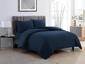 ZENVY Duvet Cover and Fitted Sheet 4pc Set - Includes Duvet Cover, Fitted Sheet, and (2) Pillowcases | 90GSM Brushed Microfiber with Button Closure (Navy, Full)