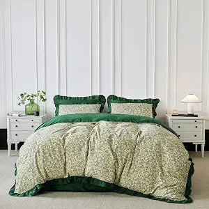YuHeGuoJi Floral Ruffle Duvet Cover King 100% Cotton 3 Pcs Set 1 Emerald Green Botanical Duvet Cover with Zipper Ties 2 Pillow Shams Garden Green Plant White Flower Bedding Set Soft
