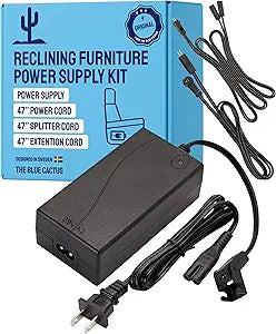 The Blue Cactus Company Reclining Furniture Power Supply Kit - 2-Pin Furniture Connector, Power Supply, 47" Extension, Splitter & Power Cord - Replacement Kit for Recliner Chair Outlet