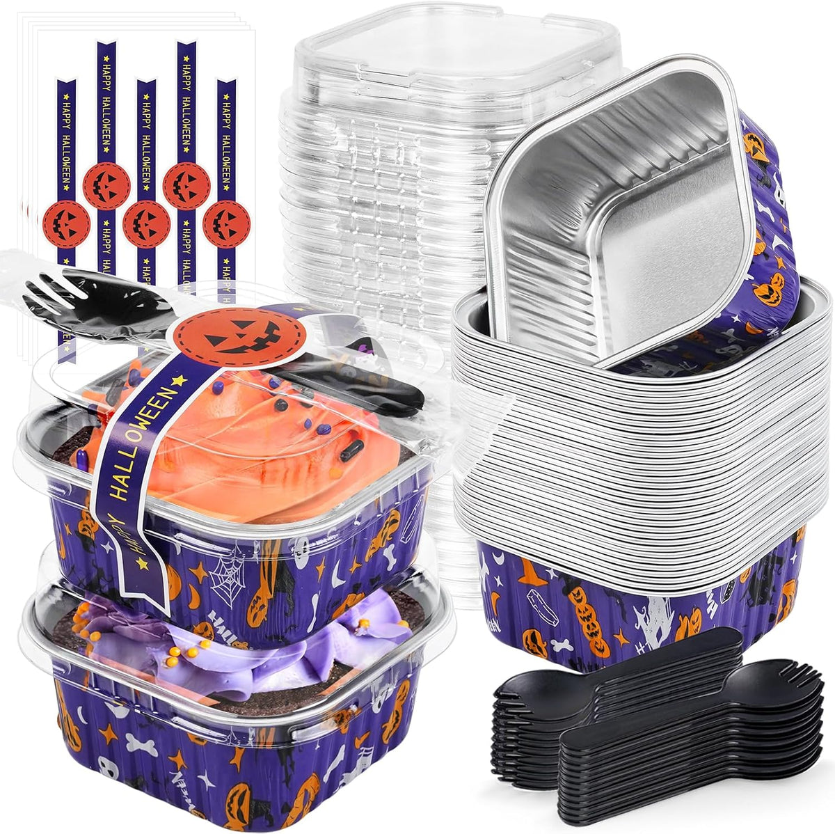 Halloween Mini Cake Pans with Lids Square Purple 5oz, 25Pack ZOXILEN
