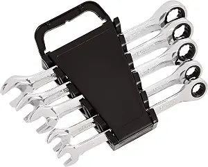 Amazon Basics Metric Ratcheting Wrench Set, 5-Piece, Chrome Vanadium Steel, 72-Tooth, 10mm, 11mm, 13mm, 14mm, 15mm, Black/Silver