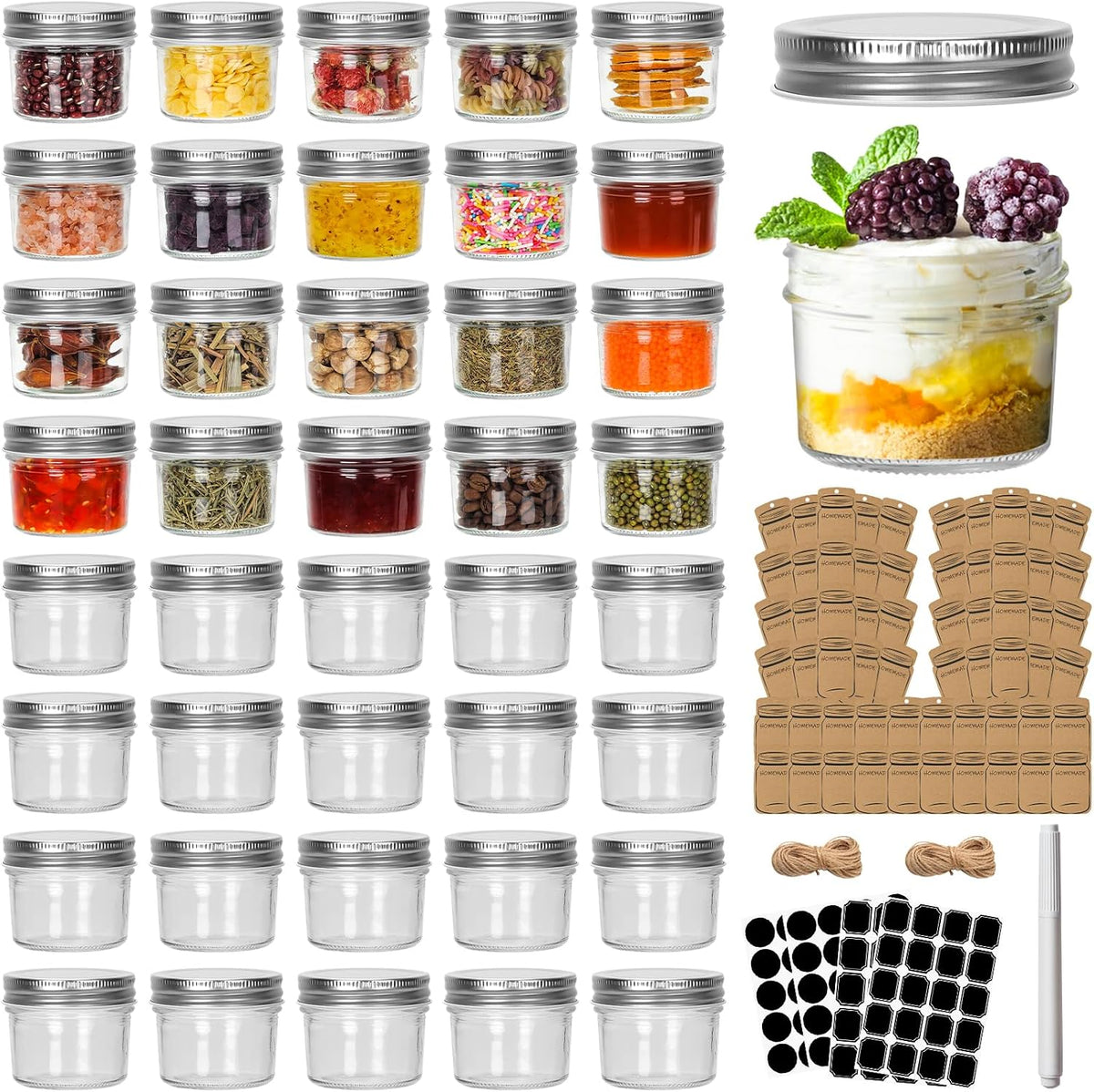 CycleMore 40 Pack 4oz Clear Mason Jars With One Piece Silver Lids