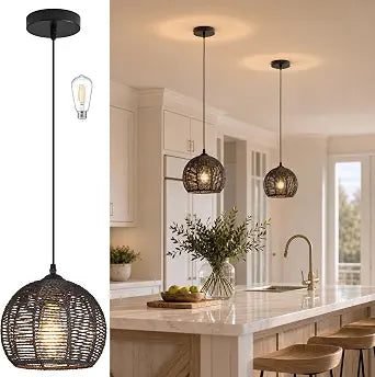 Black Woven Boho Chandelier Wicker Rattan Dome Pendant Light Fixture for Dining Room Bedroom Kitchen Island (Bulb Included)