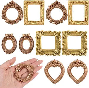 Tucnoeu 10pcs Gold Dollhouse Picture Frames Set, Miniature Frames for DIY Crafts, Elegant Mini Picture Frame Dcor for 1/12 Scale Dollhouse