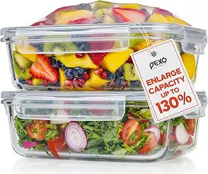 PEXO 2 Pack 63 oz (1.59QT) Large Glass food Storage Containers with Expandable Airtight Lids, Rectangular Meal Prep Containers, Microwave, Freezer and Dishwasher Safe, BPA Free