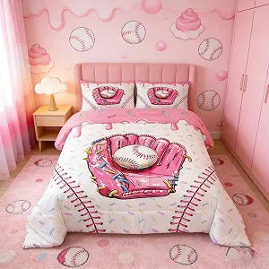 Manfei Ice Cream Drip Baseball Comforter Set Full Size,Baseball Ice Cream Pink Bedding Set 3pcs,Sports Gaming Down Comforter for All Season,Kids Boys Girls Room Decor,2 Pillowcases,No Sheets