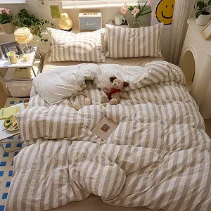 HighBuy Brown and Beige Striped Duvet Covers Twin XL Soft French Country Stripe Pattern Comforter Cover Reversible Stripes Chic Aesthetic Farmhouse Duvet Cover Set for College Dorm Bedding
