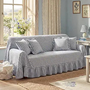 Haze Blue Gingham Couch Cover with Ruffle, 118" w x 71" h