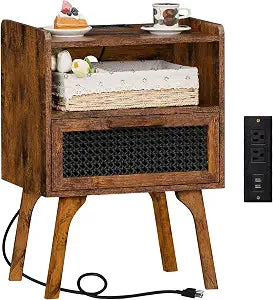 Lerliuo Rattan Nightstand with Charging Station, Side Table with Drawer