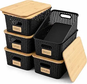 AREYZIN Storage Bins with Bamboo Lids Set of 6 Lidded Storage Container Plastic Baskets Organizer Bins for Organizing Kithen Room Bedroom Office Closet, Sturdy(Black)