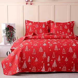 JSD 2 Pcs Kids Christmas Quilt Set Twin, Red Christmas Tree Bedding Set