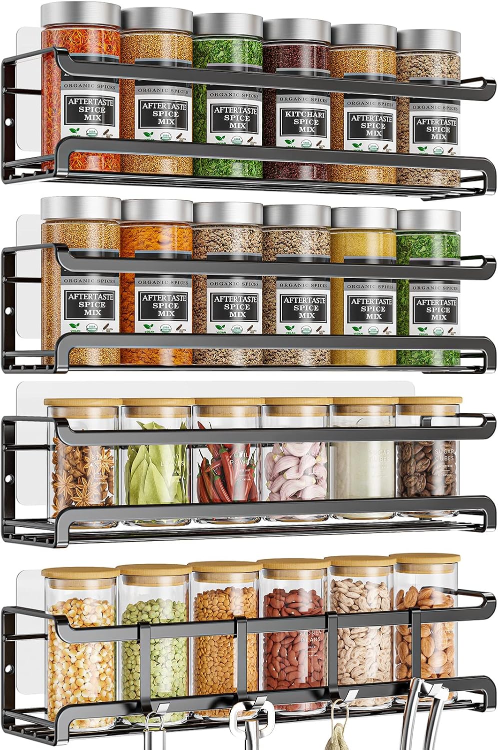 Bunoxea Spice Rack Wall Mounted 4 Pack, For Spice Jars & Seasonings,Black