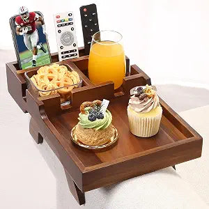 Couch Arm Table with Dual Cup Holders, Acacia Wood Sofa Arm Tray