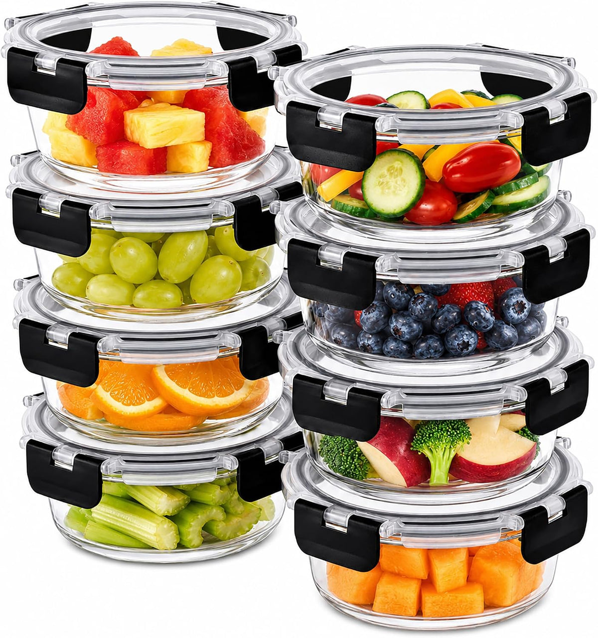 Sorbus 8 Medium Round Glass Food Storage Containers with Lids, Black