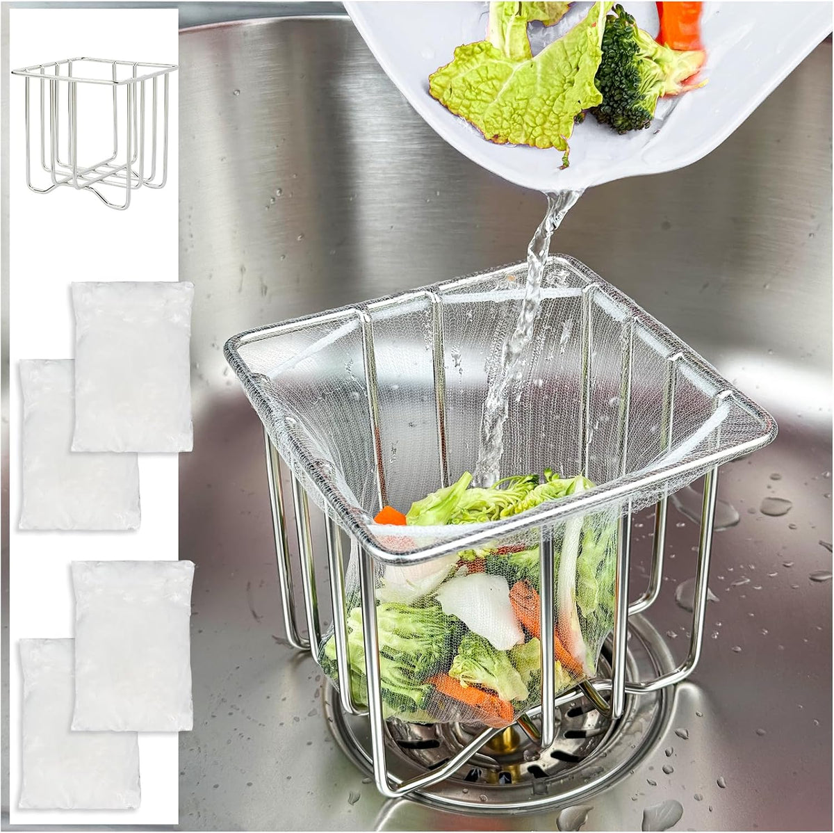 Kitchen Sink Strainer with Sink Basket Holder and 200 Strainer Net Bags