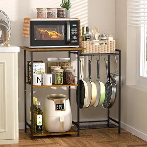 Kitchen Stand with Pots Rack, Utility Microwave Oven Stand with Storage, 5 Tiers Coffee Bar Table, Small Kitchen Bakers Rack with 6 S Hooks, Kitchen Storage Shelf Rack for Spices, Pots, Rustic Brown
