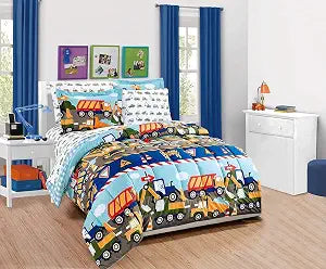 Fancy Linen Boys Comforter and Sheet Set Construction Zone Public Work Excavator Dump Trucks Front and Backhole Loader Tractors Light Blue Red Yellow Dark Blue New # Construction (Twin)