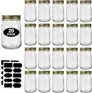 12oz Glass Jars With Lids Regular Mouth 20 Pack -Mason Jars 12 oz For Crafts, Meal Prep, Canning Jars For Food Storage Frascos De Vidrio Con Tapa Para Conservas-with 20 Chalkboard Stickers-Gold Lid