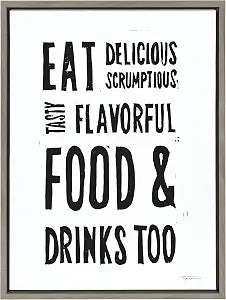 Kate and Laurel Sylvie Eat Delicious Food Framed Canvas Wall Art by Statement Goods, 18x24 Gray, Chic Food-Inspired Art for Kitchen