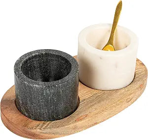 Creative Co-Op 2-Piece Marble Serving Bowls on Mango Wood Tray with Brass Salt Spoon, White and Black