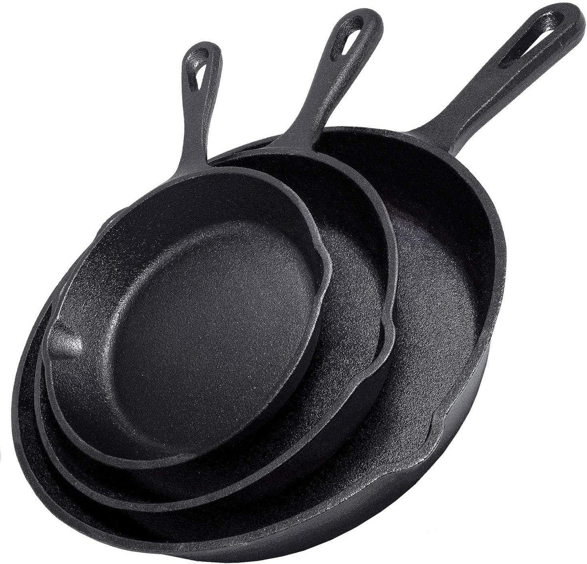 Cast Iron Skillet 3-Piece Set w/Cookbook - Heavy-Duty Professional Restaurant Chef Quality Pre-Seasoned Pan Cookware - 10", 8", 6.25" Pans - For Frying, Saute, Cooking, Pizza - Black