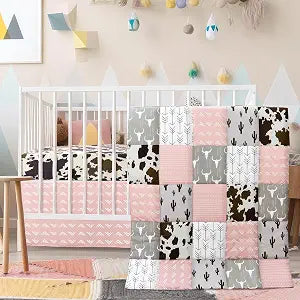Hahafelt 3 Piece Patchwork Western Cowgirl Crib Bedding Set for Baby Girls