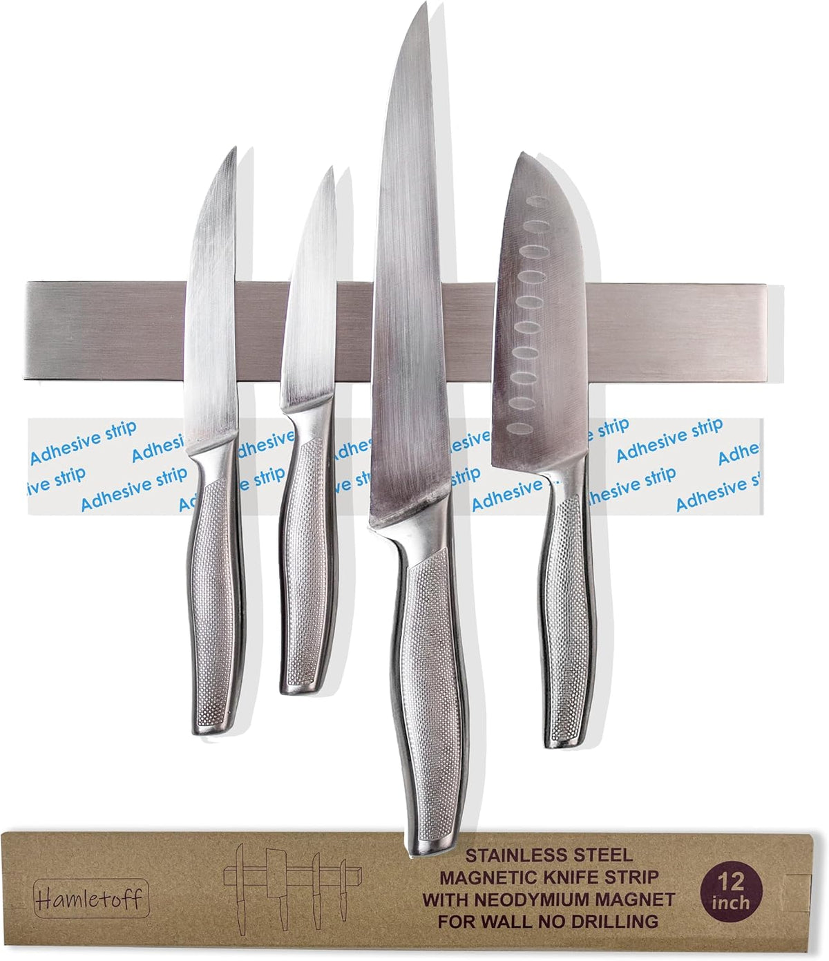 Premium Magnetic Knife Strip for Wall no Drilling - 12 Inch Stainless Steel Magnetic Knife Holder with Neodymium Magnet Strong Adhesive Tape - Lightweight Kitchen Magnet Knife Bar