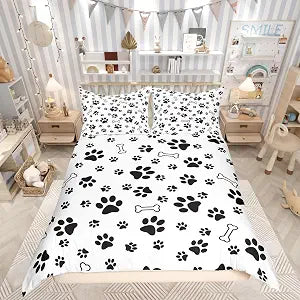 Dog Paw Print Bedding Set,Puppy Bone Duvet Cover for Kids Teen Boys Girls,Black White Comforter Cover Decorative Room,Dog Footprints Quilt Cover with 2 Pillowcases,King Size