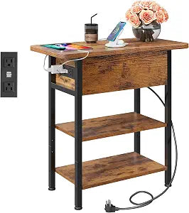 WLIVE 3-Tier End Table with Charging Station Flip Top Narrow Nightstand